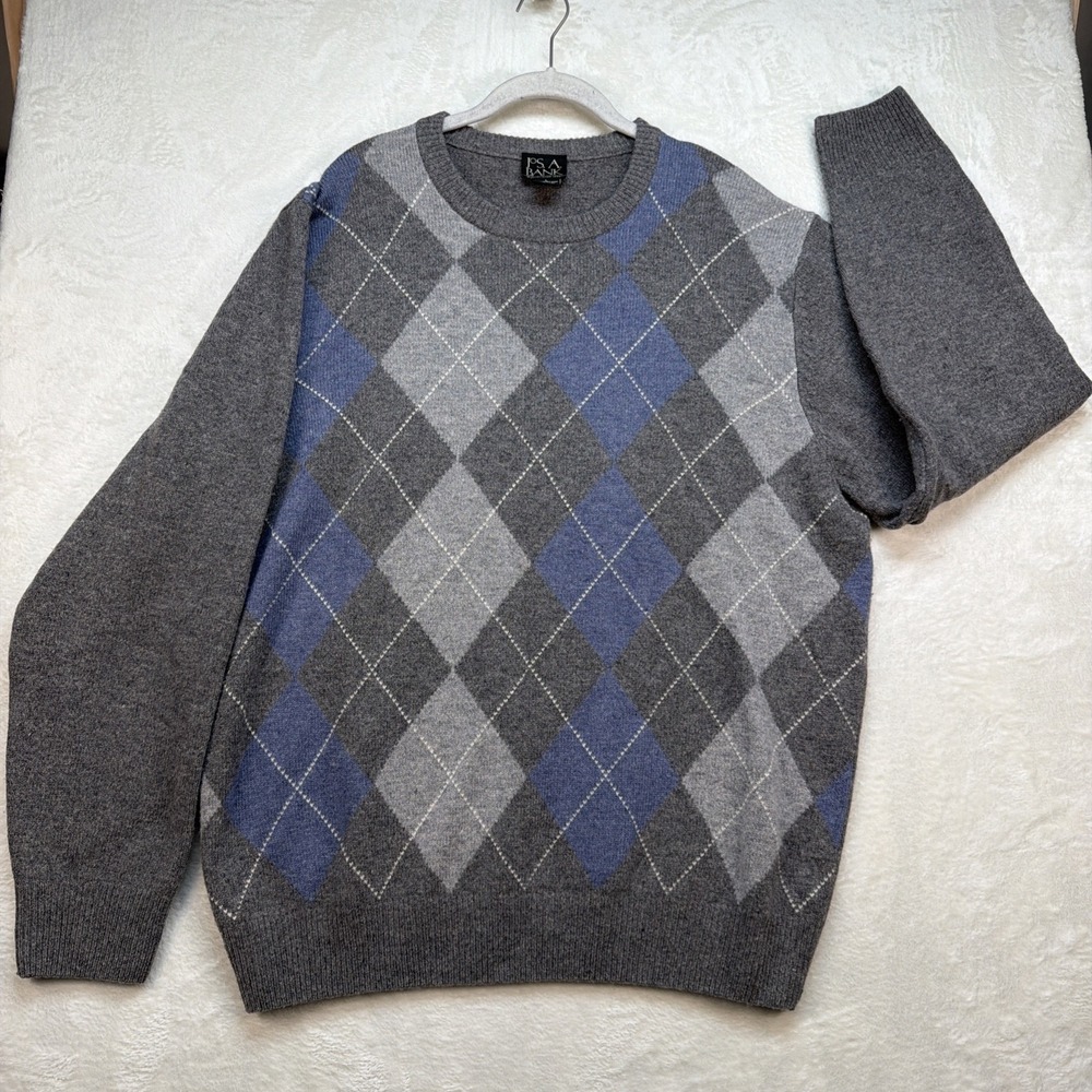 Jos A Bank Lambswool Argyle Sweater Mens Large Gray Blue Crewneck Classic Preppy